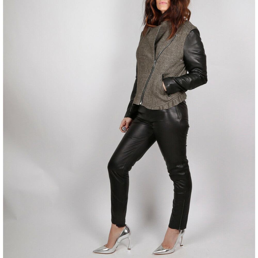 BURBERRY BRIT Gray Linen Leather Sleeve Biker Jacket Size 12